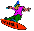 Animated person surfing on a board that says INTERNET.