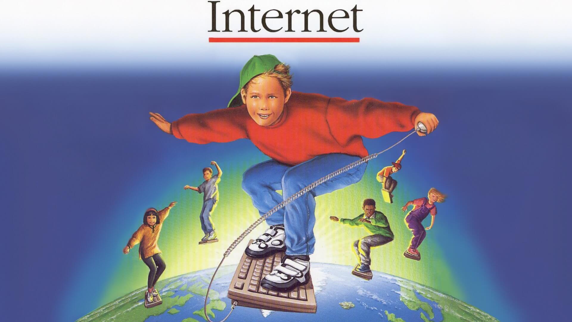 90s illustration of a kid surfing on a keyboard over a globe while holding a mouse, surrounded by other kids. From a vintage internet guidebook.