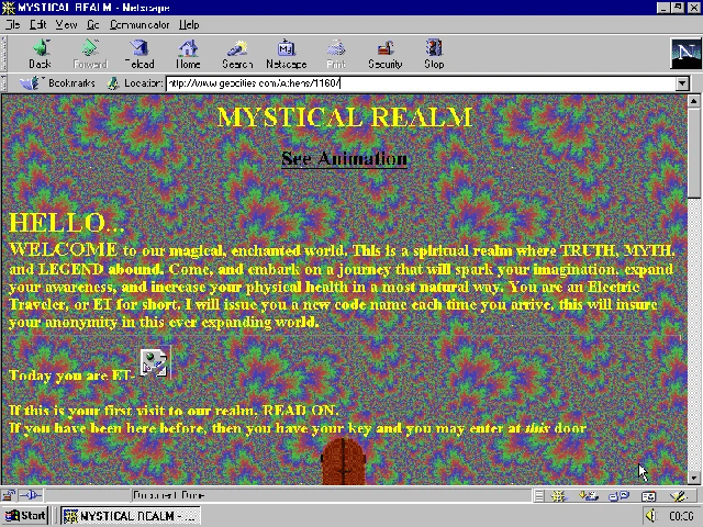 Screenshot of Mystical Realm on GeoCities with a psychedelic tiled background.