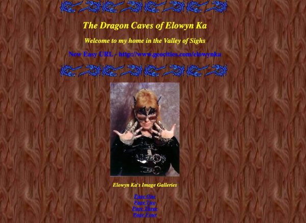 Screenshot of The Dragon Caves of Elowyn Ka on GeoCities. Dark leather-textured background with a fantasy portrait photo.