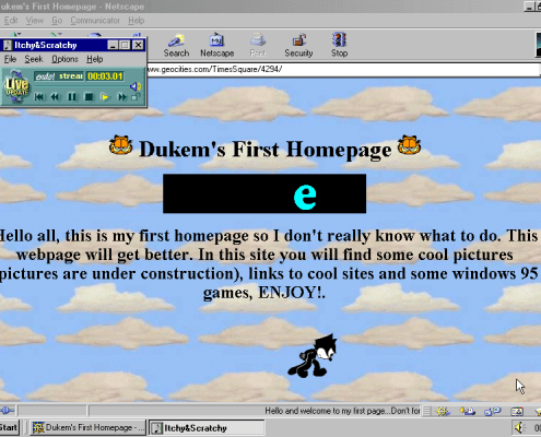 Screenshot of Dukem's First Homepage on GeoCities, viewed in Netscape Navigator. Cloud background with Itchy & Scratchy toolbar.