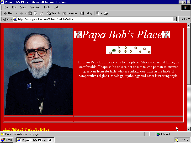Screenshot of Papa Bob's Place on GeoCities, viewed in Internet Explorer. Red background with a portrait photo.