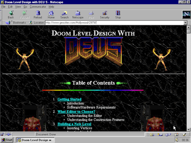 Screenshot of Doom Level Design with DEU5 on GeoCities, viewed in Netscape Navigator. Dark stone texture background.