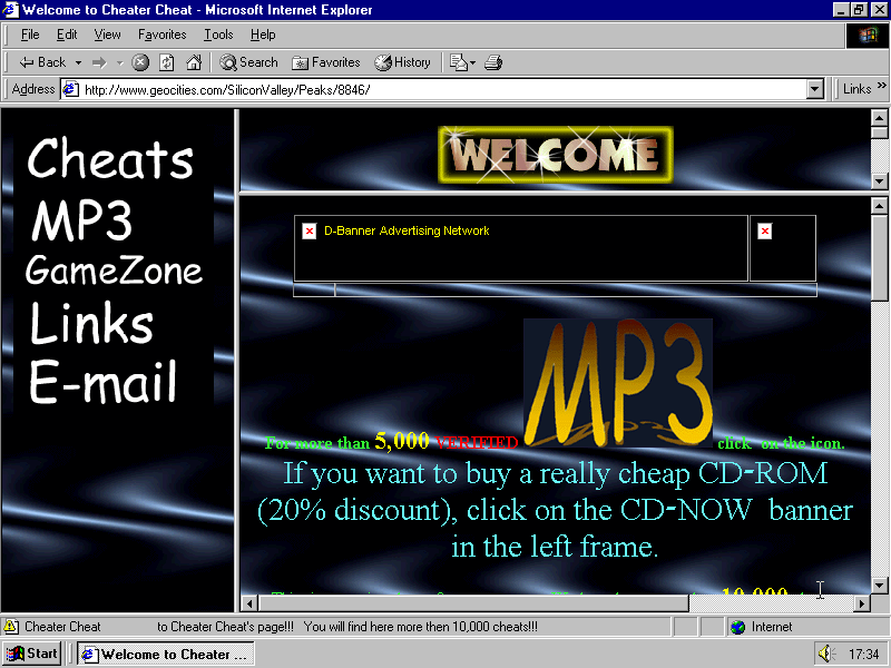 Screenshot of Cheater Cheat on GeoCities, viewed in Internet Explorer. Dark background with teal text and MP3 ads.
