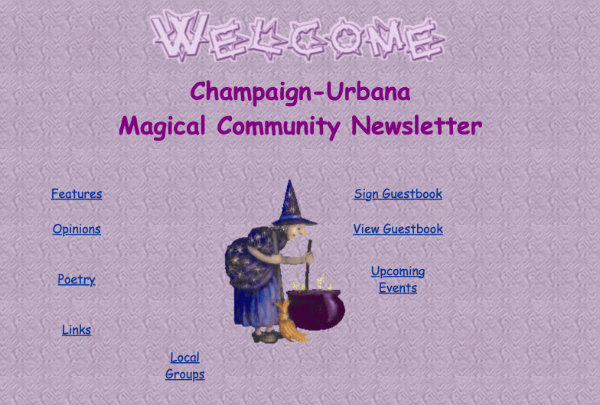 Screenshot of the Champaign-Urbana Magical Community Newsletter on GeoCities. Lavender background with a witch stirring a cauldron.
