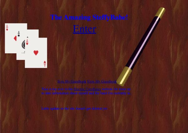 Screenshot of The Amazing SteffyBabe! on GeoCities. Dark wood grain background with playing cards and a magic wand.