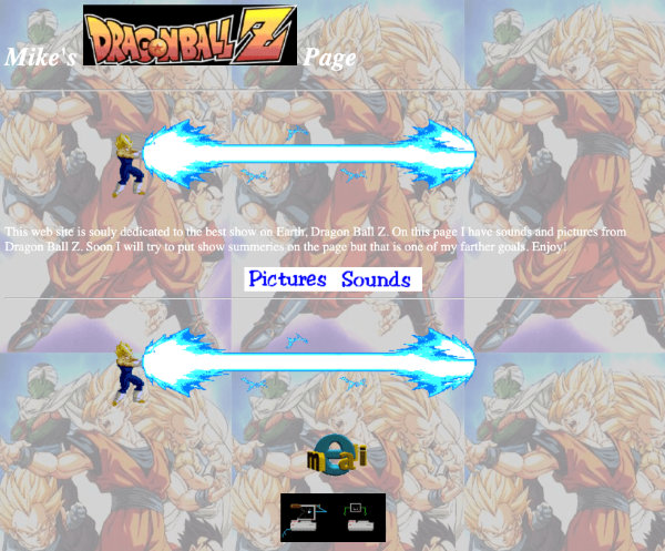 Screenshot of Mike's Dragon Ball Z Page on GeoCities. Tiled DBZ character background with animated energy beam sprites.